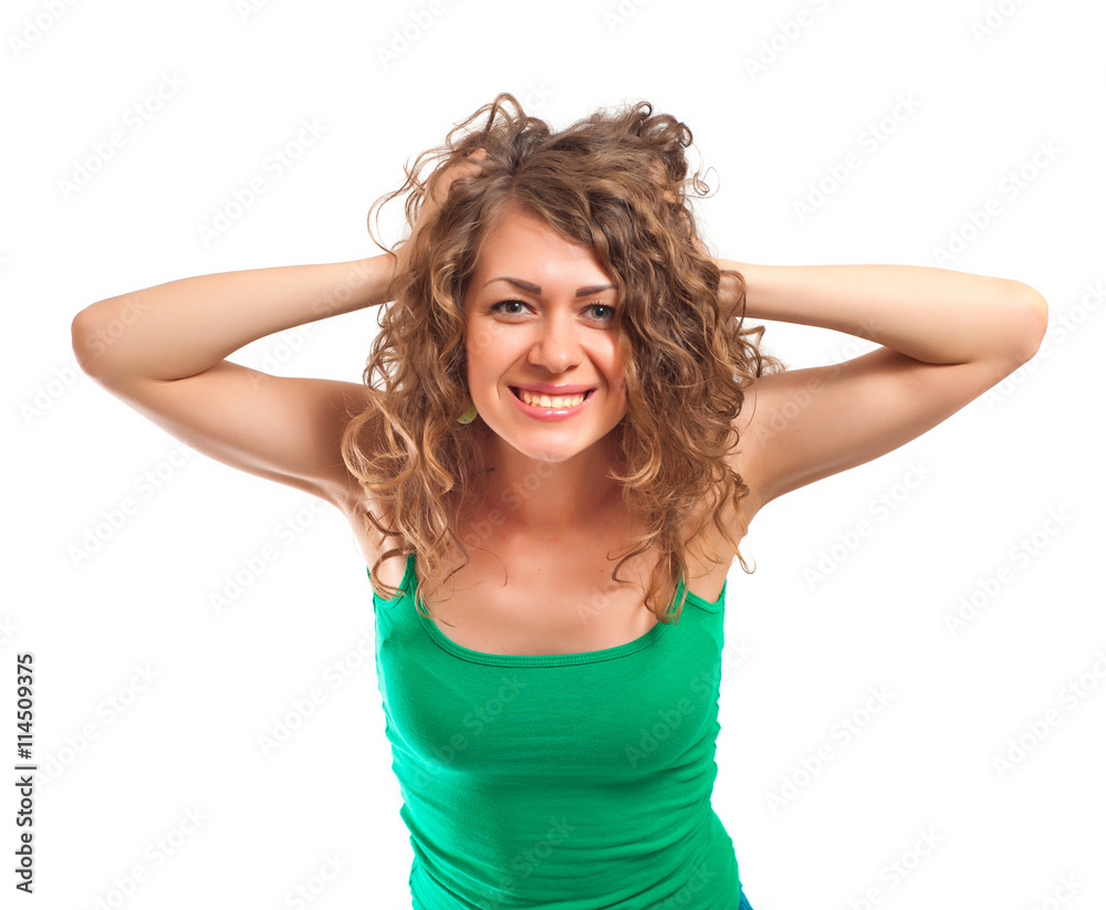 Fototapeta premium curly woman hold over head expression emotion