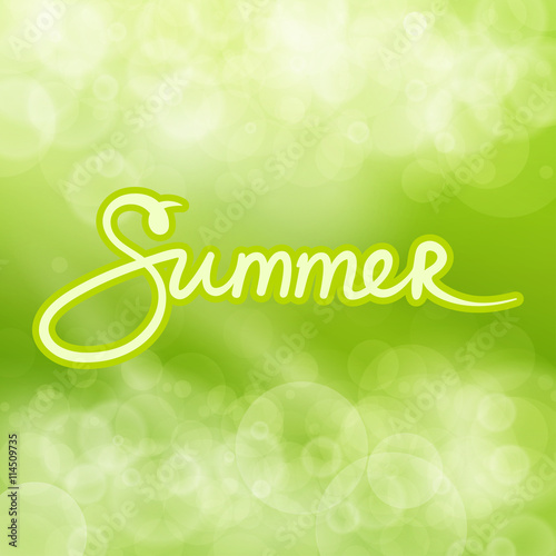 Green Abstract Background with Text Summer, Soft Glow of the Sun ,Summer Concept, Hand Lettering Calligraphy , Vector Illustration