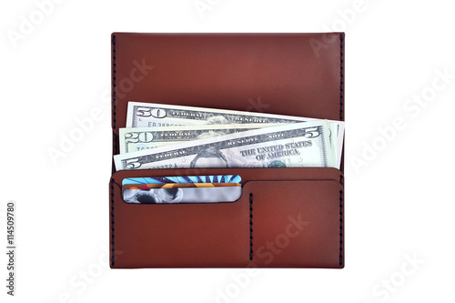 Stylish open brown leather wallet with credit cards and dollars isolated on white background. Money