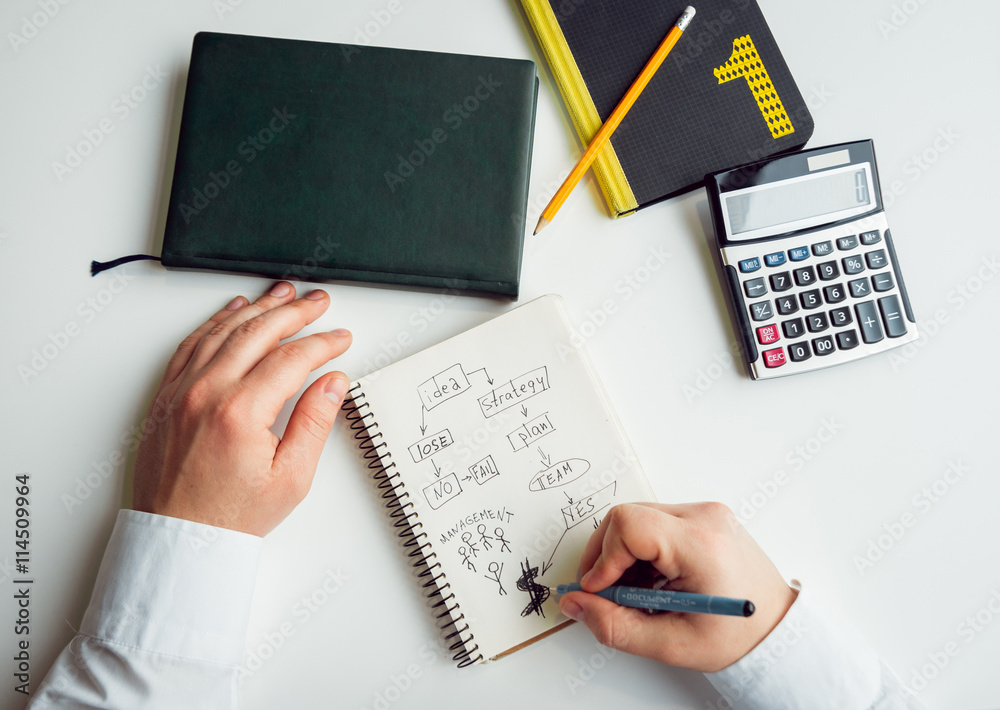 Businessman draws a plan to notebook Businessman draws a plan to notebook