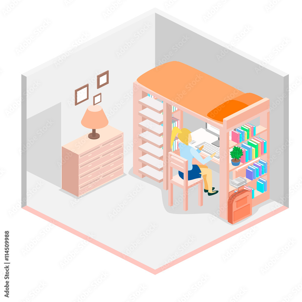 Isometric workplace for child. child Room. Loft bed with table chair and books. Flat 3D illustration. Isometric workplace for child. child Room. Loft bed with table chair and books. Flat 3D illustration.