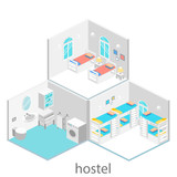 Isometric hotel room with bunk bed and window. Flat 3D illustartion. sleeping room with several beds