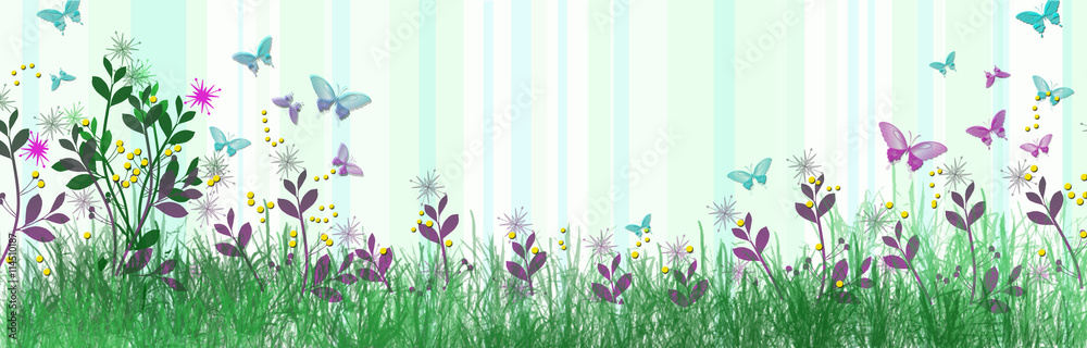 Abstract garden with flowers and butterflies floating among them.  Illustration