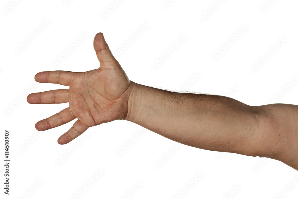 Men's arm with an open hand on a white background Men's arm with an open hand on a white background