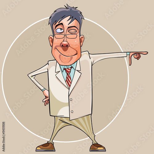cartoon smiling man in a suit and glasses showing his hand toward