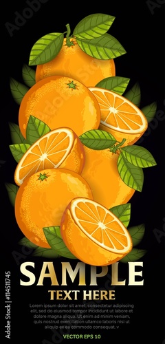 Orange fruit mix with leaves on black background vector illustration. Organic vegetarian product. Healthy food.
