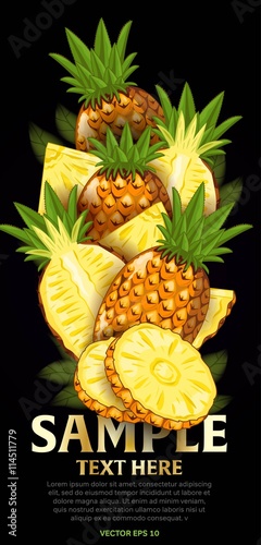 Pineapple fruit mix with leaves on black background vector illustration. Organic vegetarian product. Healthy food.