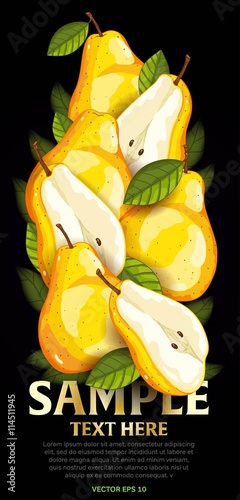 Pear fruit mix with leaves on black background vector illustration. Organic vegetarian product. Healthy food.