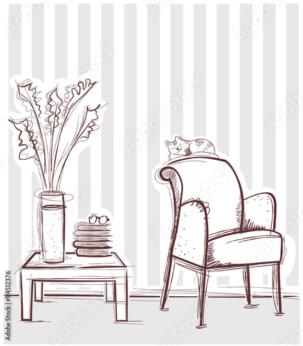 Reading room interior with table and books.Vector hand drawing i