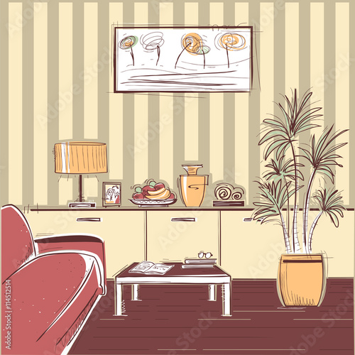 modern interior of living room design.Vector hand drawing illust