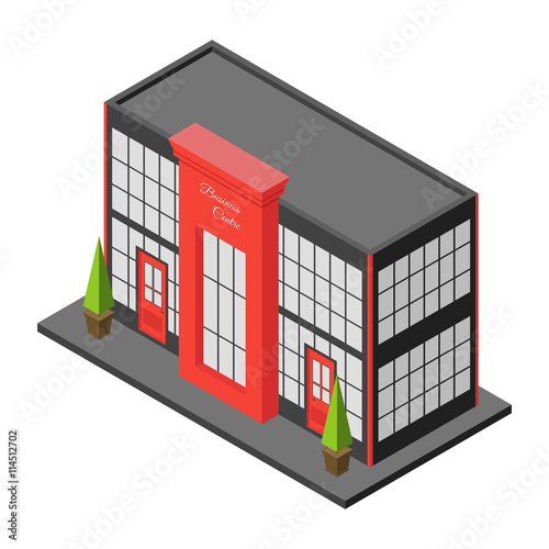Isometric city building of business center or mall. Three dimensional town constraction. Small business office. Infographic design element. Vector isolated illustration.