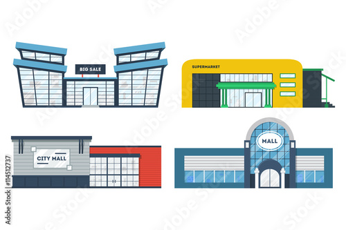 Flat supermarket. Shopping mall building. Set of colorful funny cartoon store city buildings. Market shop place. Business marketing collection. Infographic elements. Isolated vector illustration. 