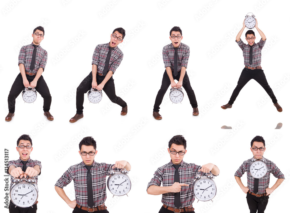 Fototapeta premium Young man with clock isolated on white