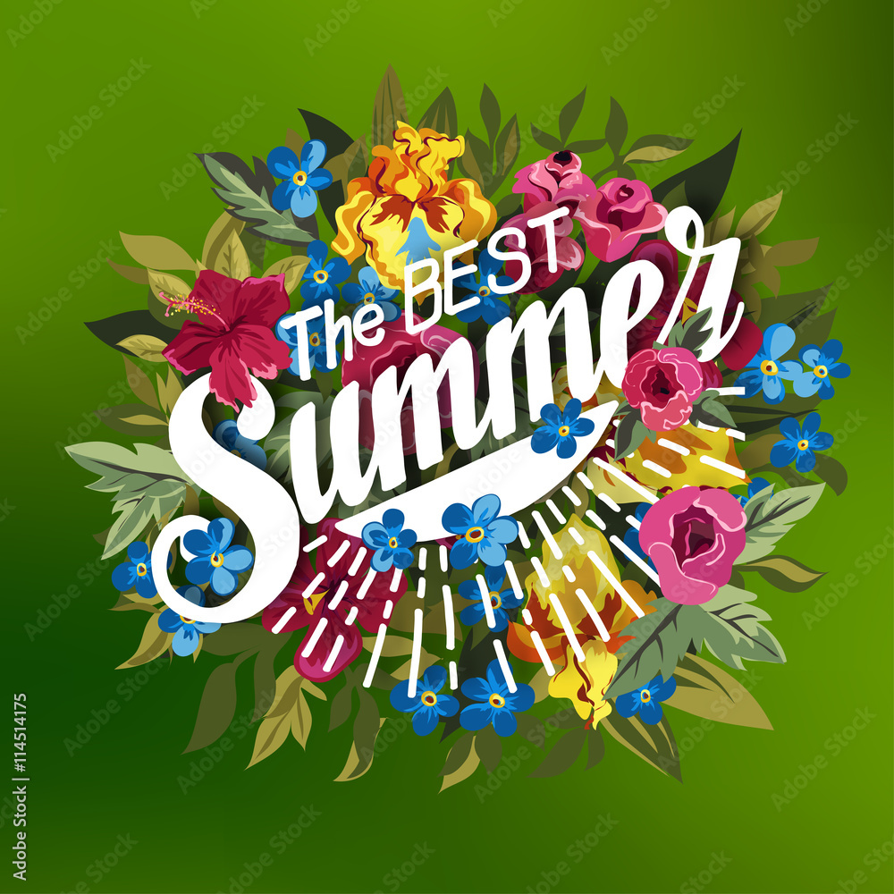 Obraz premium Summer Typographical Background With different Plants And Flowers.