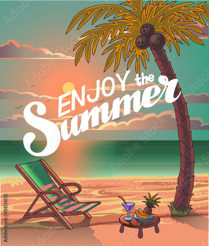 Summer Beach Lettering Vector Design in the Seashore with Palm tree and Chair.