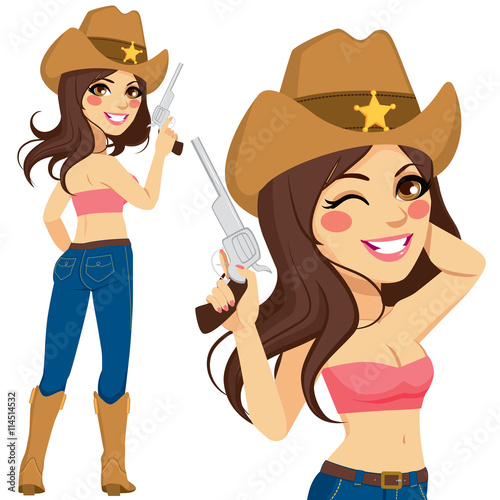 Beautiful brunette cowgirl with sexy tube top and blue jeans holding gun on  hand vector de Stock | Adobe Stock