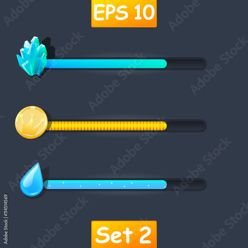 Set of vector game resource bar. Cartoon water drop, gold coin and magic crystals.