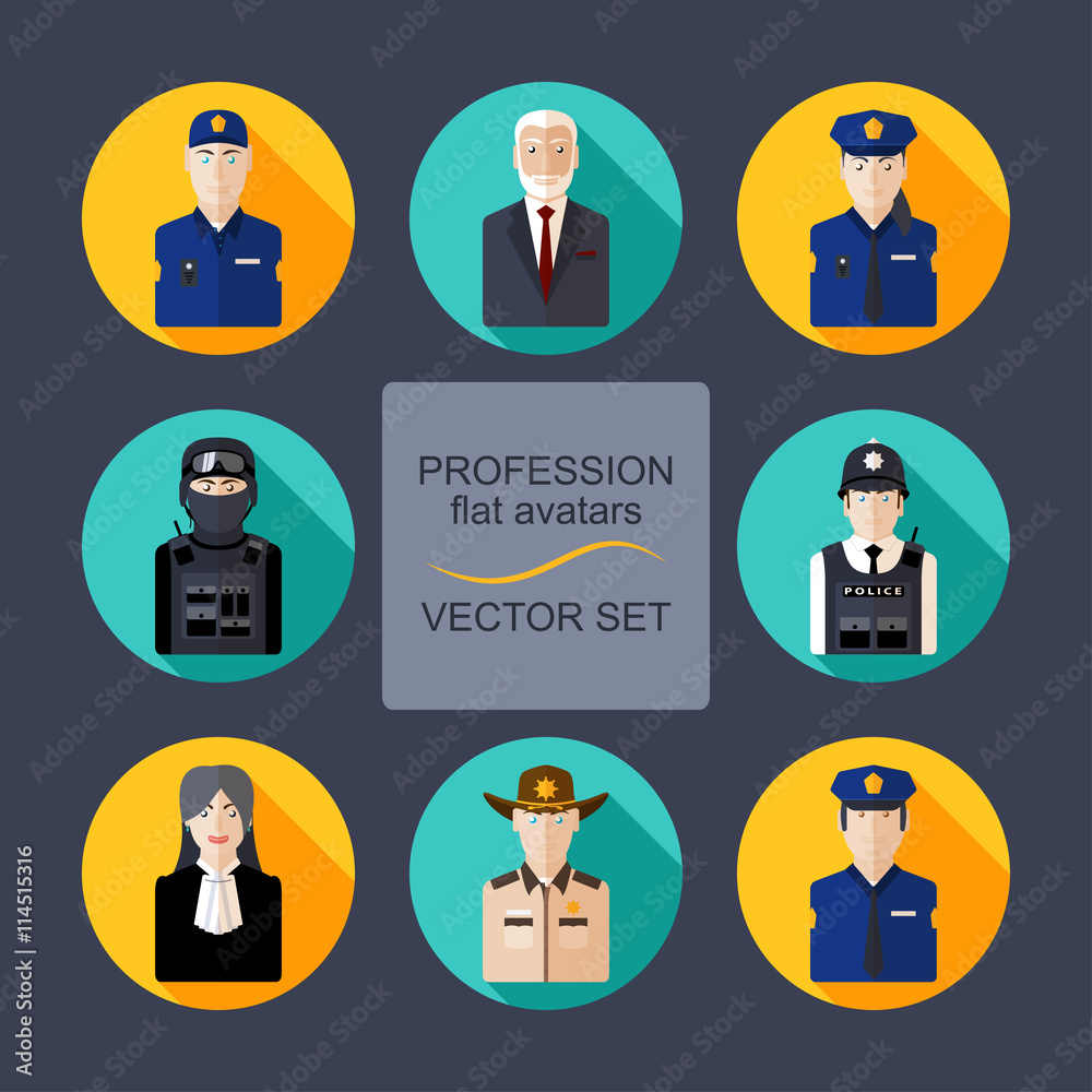Profession flat avatars with shadows vector set. Police department icons set Profession flat avatars with shadows vector set. Police department icons set