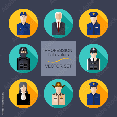 Profession flat avatars with shadows vector set. Police department icons set