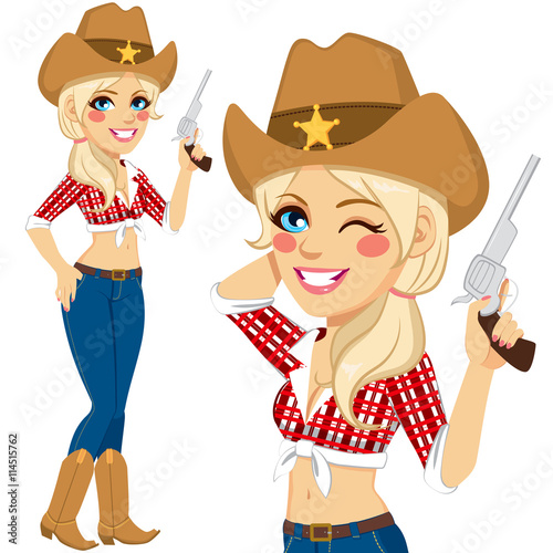 Beautiful blonde cowgirl with sexy shirt and blue jeans holding gun on hand