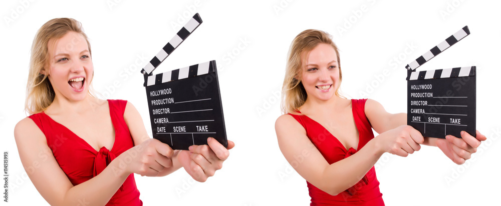 Red dress girl holding clapboard isolated on white