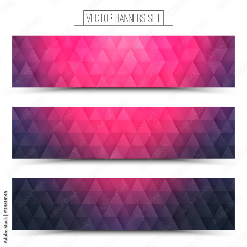 Abstract triangular structure 3d vector retro style design textured pink purple web banners set for business, internet, advertising, design, ui, seo   
