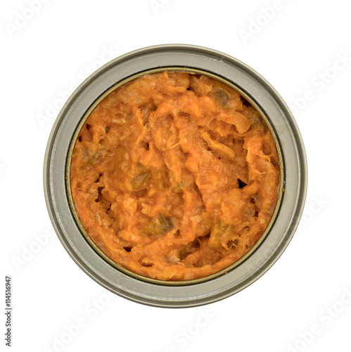 Opened can of spicy chicken salad on a white background top view.