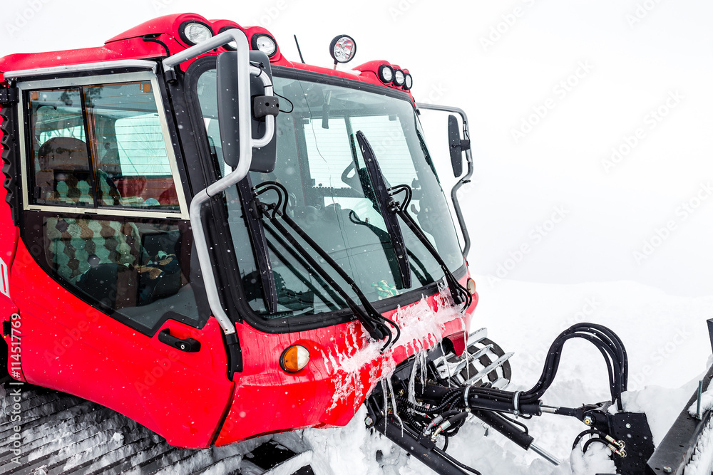 Snowcat cabin. Snow cat is a transport for extreme sports sportsman skiers and snowboarders on snowy slopes