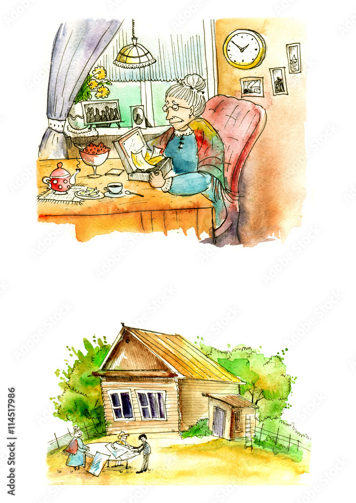 
Drawing, watercolor illustration, graphic liner. The grandmother in the village. Grandma drink tea in the kitchen. Wooden house in the village.