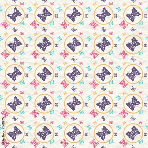 Seamless pattern with colorful butterflies on paper.