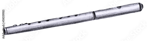 Pencil drawing of vintage fife (small flute) on white background