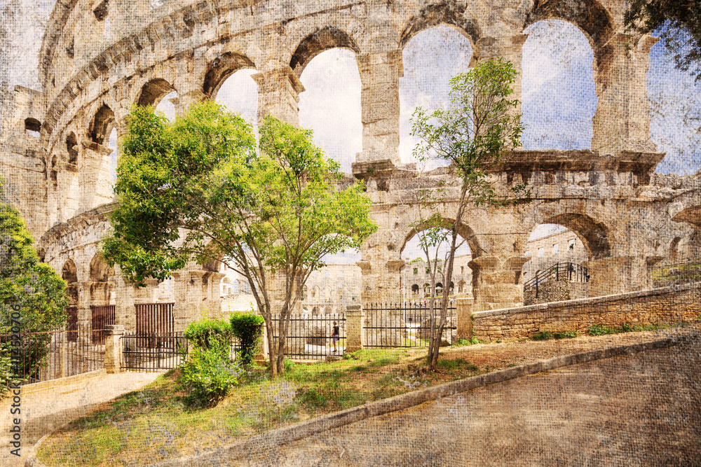 Fototapeta premium Ancient Roman amphitheater (arena) in Pula. Croatia. Picture in retro style.