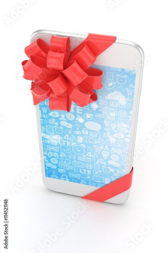 White phone with red bow and blue screen. 3D rendering.