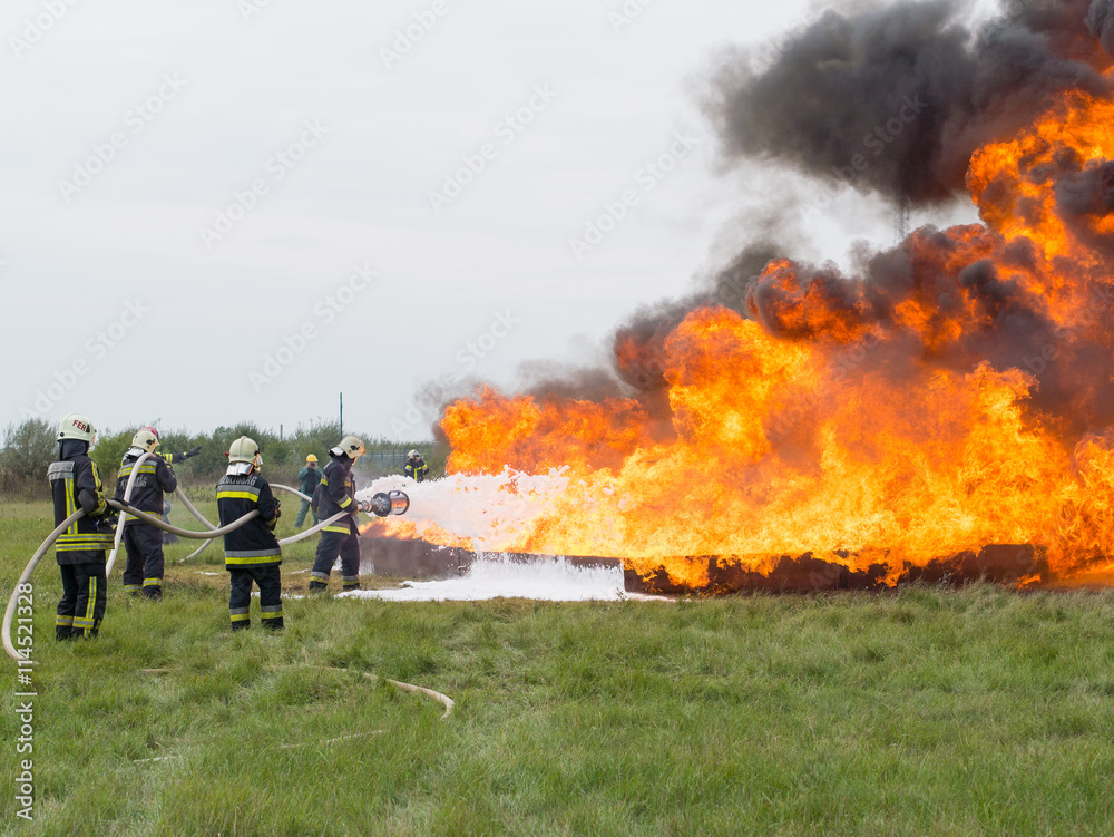 Fototapeta premium Fighting fire with a foam extinguisher