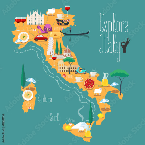 Map of Italy vector illustration, design. Icons with Italian landmarks