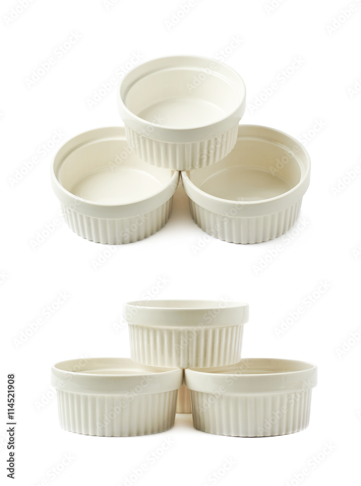 Porcelain souffle ramekin dish isolated Porcelain souffle ramekin dish isolated