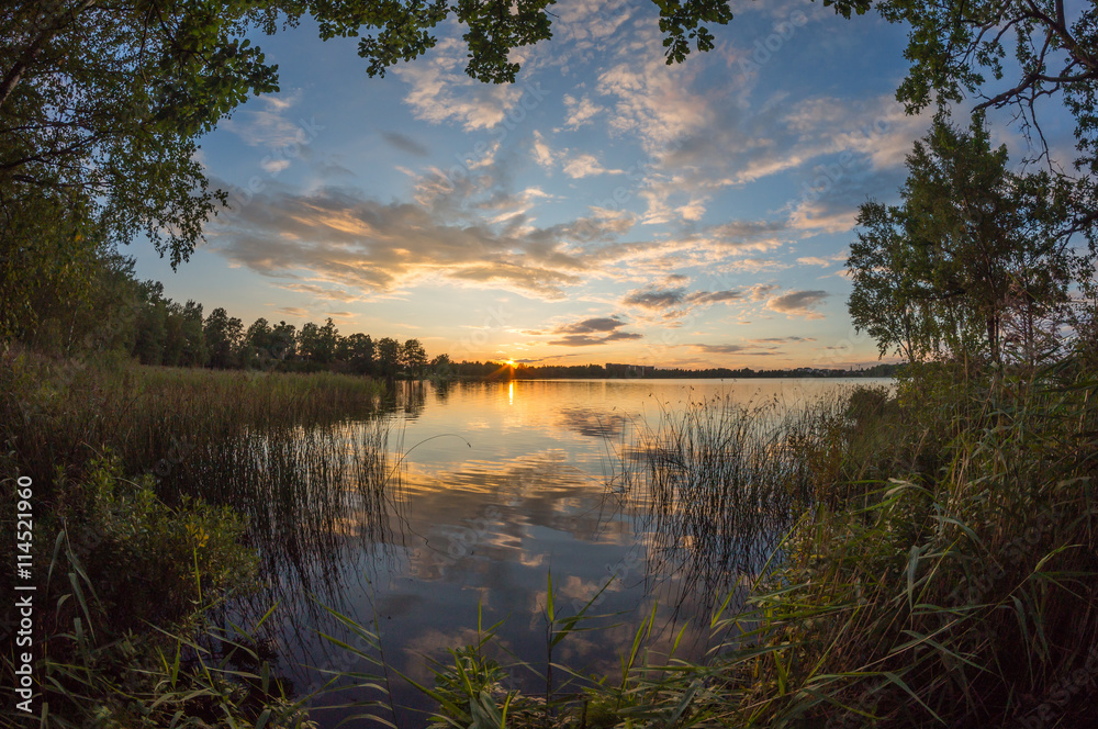 Beautiful sunset view over lake. Vaxjo. Sweden