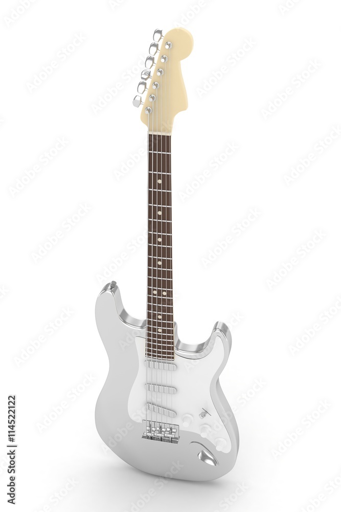 Obraz premium Isolated silver electric guitar on white background. Musical instrument for rock, blues, metal songs. 3D rendering.