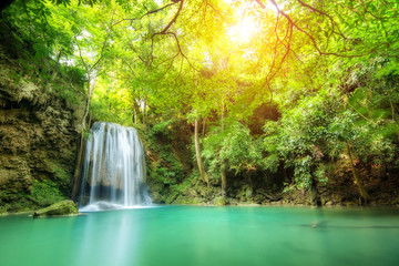 Erawan Waterfall, beautiful waterfall in spring forest in Thailand.