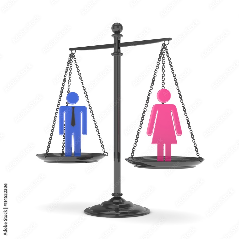 Isolated old fashioned pan scale with man and woman on white background. Gender inequality. Equality of sexes. Law issues. Colorful model. 3D rendering. Isolated old fashioned pan scale with man and woman on white background. Gender inequality. Equality of sexes. Law issues. Colorful model. 3D rendering.