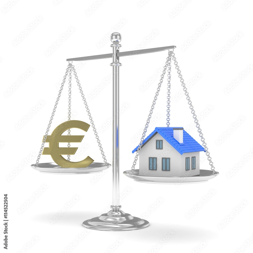 Isolated silver scales with golden euro and house on white background. Investment or savings concept. Real estate and currency. 3D rendering. Isolated silver scales with golden euro and house on white background. Investment or savings concept. Real estate and currency. 3D rendering.