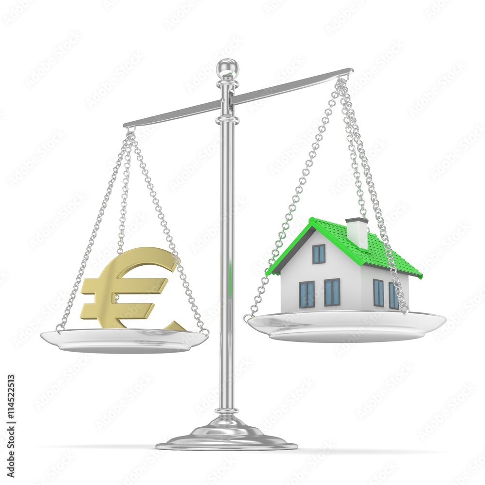 Isolated silver scales with golden euro and house on white background. Investment or savings concept. Real estate and currency. 3D rendering. Isolated silver scales with golden euro and house on white background. Investment or savings concept. Real estate and currency. 3D rendering.