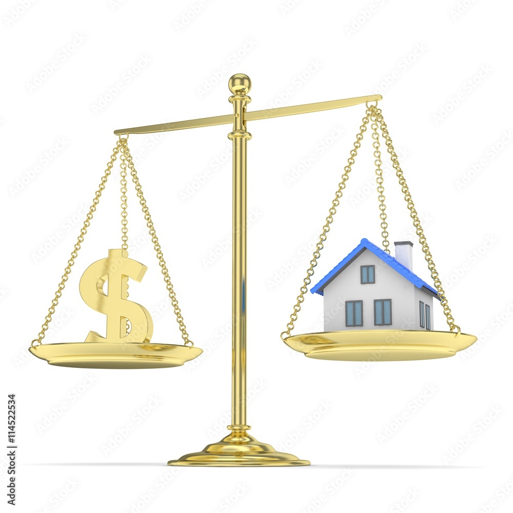 Isolated golden scales with golden dollar and house on white background. Investment or savings concept. Real estate and currency. 3D rendering. Isolated golden scales with golden dollar and house on white background. Investment or savings concept. Real estate and currency. 3D rendering.