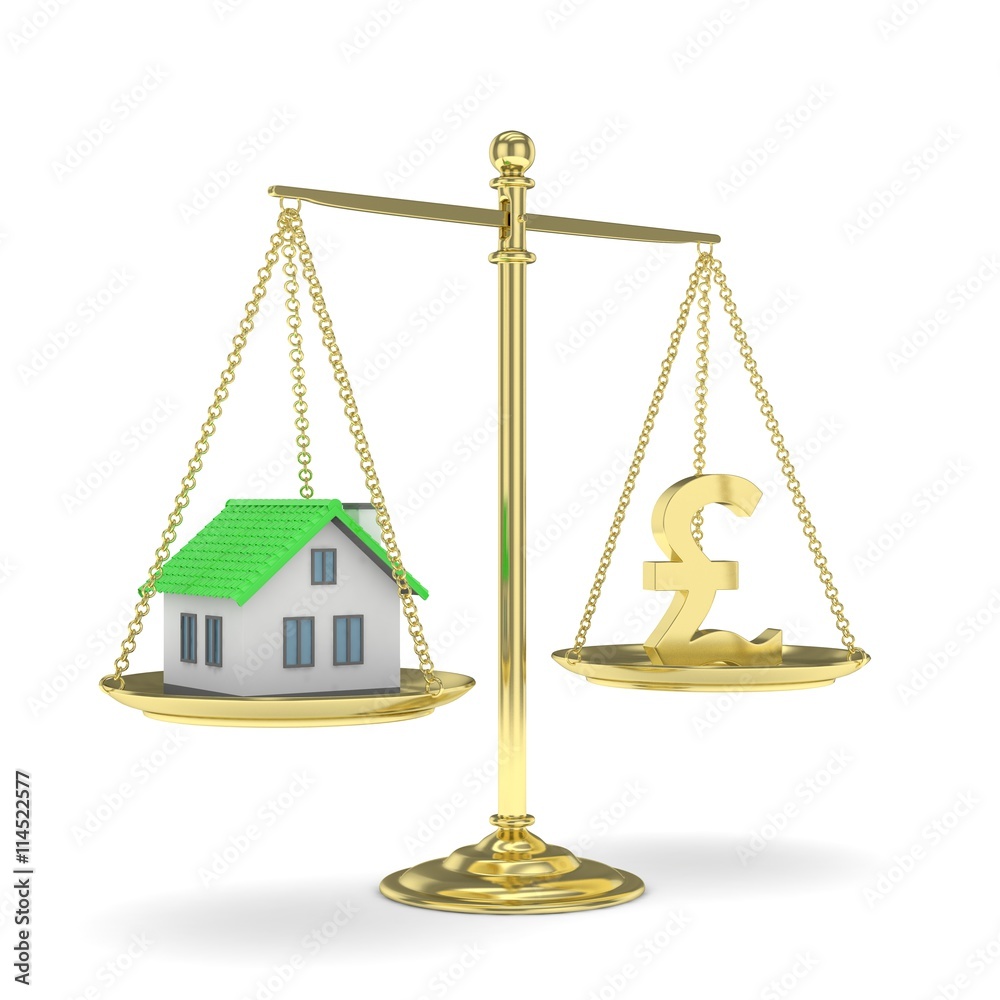 Isolated golden scales with golden pound and house on white background. Investment or savings concept. Real estate and currency. 3D rendering. Isolated golden scales with golden pound and house on white background. Investment or savings concept. Real estate and currency. 3D rendering.