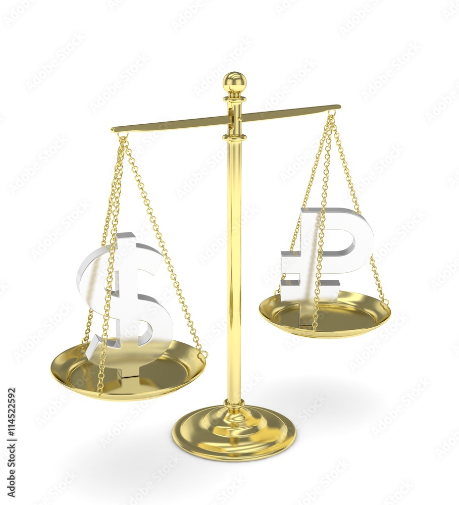 Isolated old fashioned pan scale with dollar and ruble on white background. American and russian currency. Currency equality. 3D rendering. Isolated old fashioned pan scale with dollar and ruble on white background. American and russian currency. Currency equality. 3D rendering.
