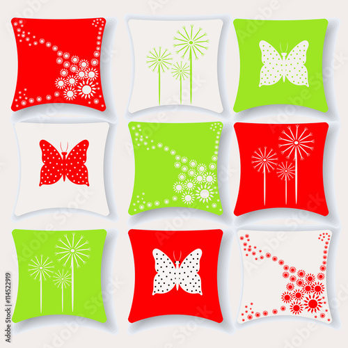 Set of cushions for interior vector illustration. Pillow isolated on white background. Floral pattern , pattern butterfly stock vector.Pillow flat style.For the interior