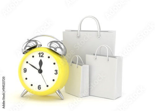 alarm clock and shopping bag (time to buy concept). 3d rendering.