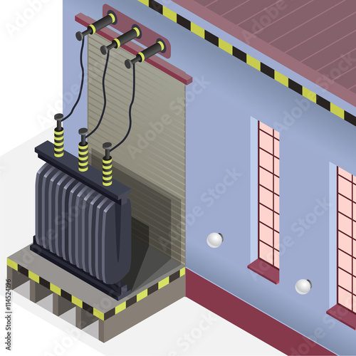 Detail of power plant. Blue power station. Electric transformer isometric building info graphic. High-voltage power station. Pictogram industrial electricity set. Flatten isolated master vector.