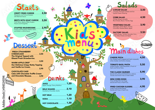 Cute colorful meal kids menu template with cute sweet houses