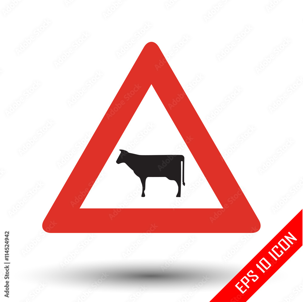 Cow icon. Cow road sign. Vector illustration of triangular sign for rural area traffic sign isolated on white background. Cow icon. Cow road sign. Vector illustration of triangular sign for rural area traffic sign isolated on white background.
